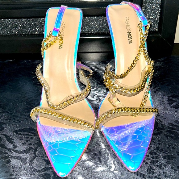 Fashion Nova high heeled brand new Silver, purple and gold chain sandal size 10 - Picture 2 of 5